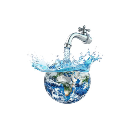 3D illustration of a globe being filled with water from a faucet.  Water is splashing around the globe, representing the abundant supply of water.の素材
