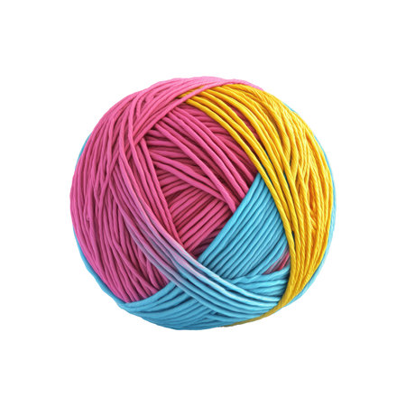 Close-up image of a vibrant ball of yarn, featuring a gradient blend of pink, blue, and yellow threads. The yarn is tightly wound, showcasing the intricate details of the strands. The image is isolated against a white background.の素材
