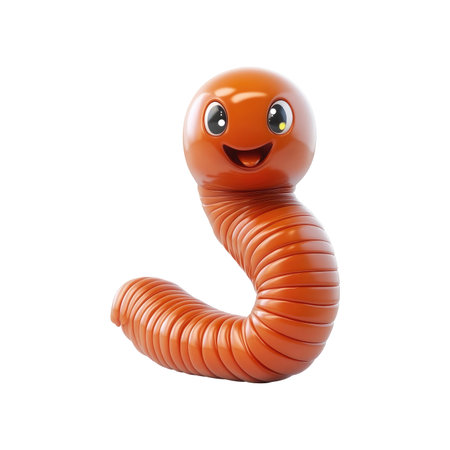 3D rendered illustration of a friendly, orange cartoon worm with a happy expression.  The worm's body is segmented and has a ribbed texture. It is isolated against a white background.の素材