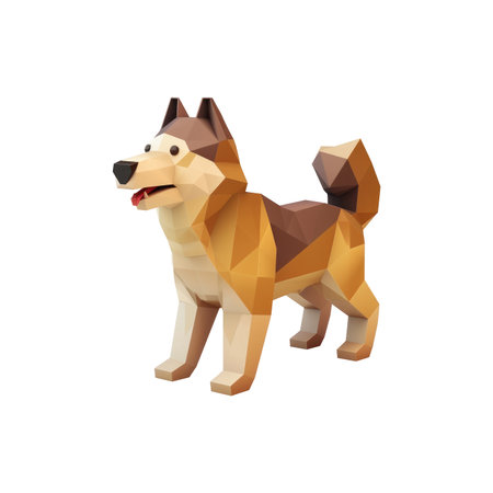 Stylized illustration of a husky dog, created using a polygonal graphic design technique. The dog is presented in a simple, modern design with a cute, cartoonish quality. The colors used are a mix of brown and beige tones. The dog is standing, facing forward. The background is plain white, isolating the dog.の素材