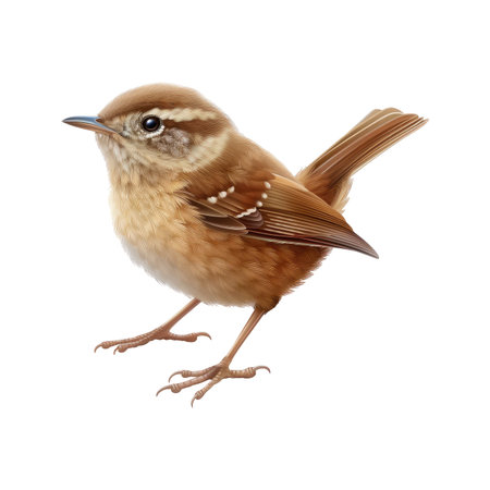 Digitally rendered illustration of a small bird, featuring detailed depictions of its feathers and posture. The bird is presented in a profile view, against a pure white backdrop, showcasing its intricate plumage.の素材