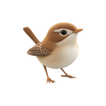 Small, cute bird with brown and beige feathers is presented in a detailed, 3-dimensional illustration. The bird's plumage has a soft texture and intricate patterns, and its posture suggests a calm and observant demeanor. The bird is presented in a  style against a pure white background, facilitating a clear view of its form and design.の素材