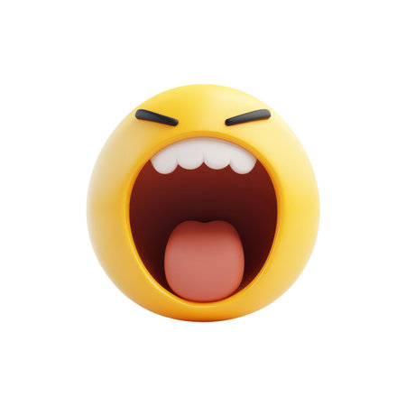 Three-dimensional, cartoonish emoji depicting a character with a wide open mouth, conveying an expression of laughter or excitement. The emoji is a bright, vibrant yellow color and has simple, stylized features.  It is set against a plain white background.の素材