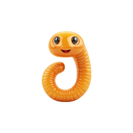 Cheerful, cartoonish orange worm with big eyes and a smile is shown against a plain white background.  Its segments are clearly defined in a ribbed texture.  The design is bright and friendly.の素材