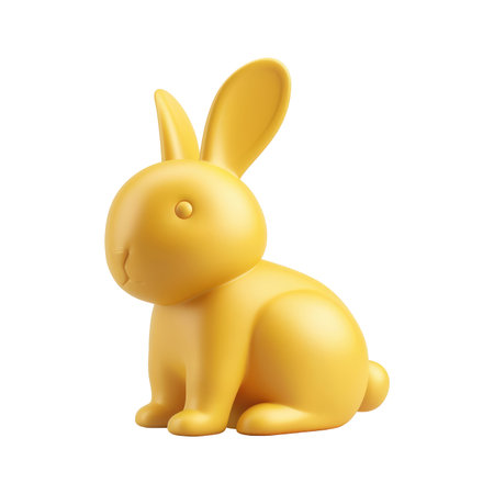 Three-dimensional, stylized rabbit figurine, rendered in a solid shade of golden yellow, is presented against a plain white backdrop. The figurine is seated and displays simplified features with large, rounded ears, and a small, rounded body. The rabbit has prominent round eyes and an amiable expression. The overall design is simple and modern with a focus on the form and color of the figurine. The object is completely isolated and shows an illustrative style, rather than realistic details.の素材