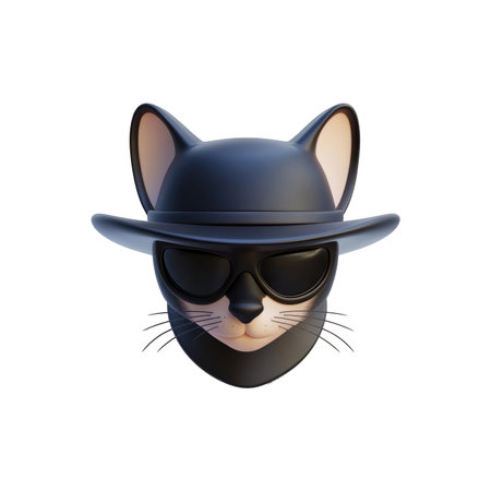 Cartoon cat head, wearing a black fedora and dark sunglasses,  is presented from a front perspective. The design is modern and detailed.の素材