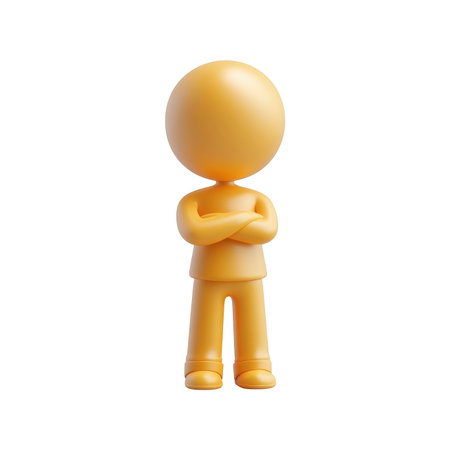 Simple, cartoon-like figure with arms crossed is presented against a pure white background, suitable for use in graphic design projects or as an illustration element.の素材