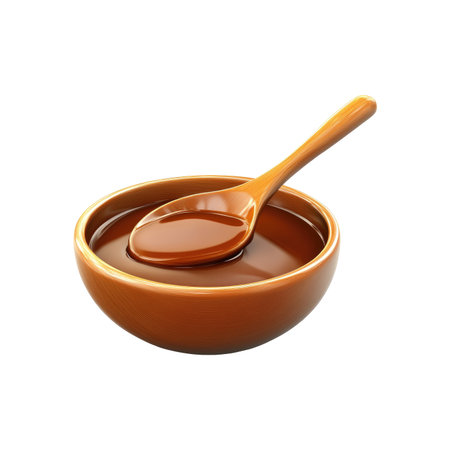 Round, brown bowl filled with a glossy, amber-colored liquid, with a wooden spoon partially dipped into it. The image shows the bowl and spoon in a close-up view.の素材