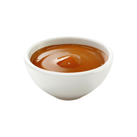 Close-up of a small white bowl filled with caramel sauce, displayed against a plain white background. The sauce is a rich, light brown color and has a smooth, glossy texture.の素材