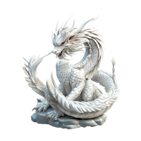 Meticulously detailed, 3D rendered illustration of a majestic white dragon figure, positioned in a seated pose atop a rocky base. The dragon's scales and intricate design are highlighted with meticulous attention to detail, radiating a sense of power and elegance. The image is ideal for use in projects related to fantasy, art, design, and sculpture.の素材