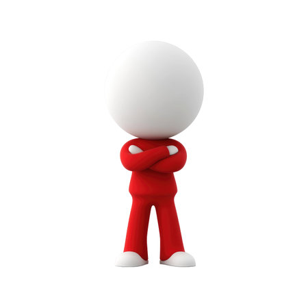 3D model of a small person with arms crossed, presented against a plain white background. The figure is dressed in a red outfit and has a white head. The figure is in a standing pose.の素材