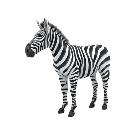 Full-body image of a zebra, presented in a side profile.  The zebra is rendered in a realistic style, showcasing its black and white striped coat and its four legs. The image is set against a plain white background, isolating the animal for visual clarity.の素材
