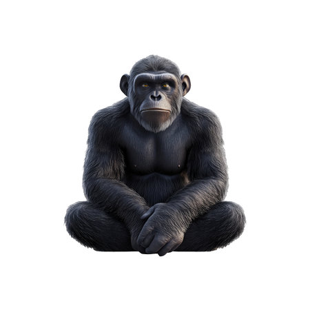 Full-body digital rendering of a chimpanzee, appearing to be in a seated position with crossed arms.  The image is highly detailed, highlighting the texture of the fur and the musculature of the primate.の素材