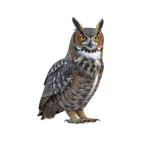Detailed close-up image of a great horned owl, standing on a white background.  The owl is facing to its right and the image highlights the intricate patterns and textures of its feathers. Its yellow eyes and sharp talons are also clearly visible.の素材