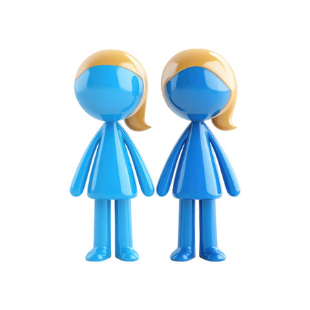 Two simple, stylized, cartoon-like figures of women, colored bright blue, and blonde hair, positioned side-by-side against a white background.  The figures have a glossy, 3D appearance and are designed with simple geometric shapes.の素材