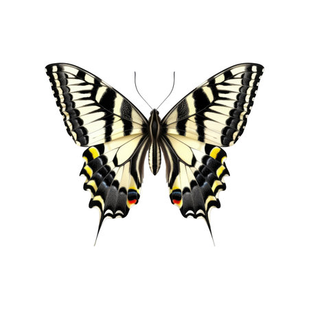 Vibrant, detailed close-up image of a swallowtail butterfly, showcasing its intricate wing patterns and colors against a pure white background.  The butterfly's wings are spread wide, revealing the intricate details of its black, yellow, and white markings. The image is suitable for use in nature, wildlife, and insect-related projects.の素材