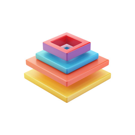 Vibrant pyramid composed of colorful, square shapes.  The shapes are stacked in layers, creating a 3-dimensional design.  The colors are bright and playful. The image is isolated against a plain white background.の素材