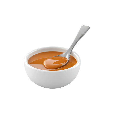 Close-up image of caramel sauce in a white bowl, with a spoon partially submerged in the sauce. The sauce is a light orange-brown color and appears smooth and creamy. The bowl is simple and plain white. The image is well-lit and isolated against a white background.の素材