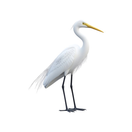 Digitally rendered image of a great egret, showcasing its detailed plumage,  long legs and a distinctive yellow beak.  The bird is presented in profile view against a plain white background.の素材