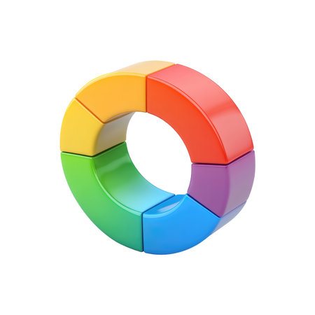 Vibrant, colorful pie chart graphic design with various hues of the rainbow,  depicting segments of a circle in different colors.  The design is composed of sections creating a circular representation.の素材