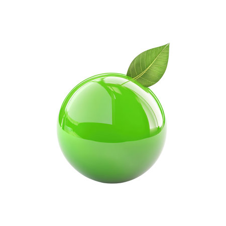 Vibrant glossy green sphere with a single leaf, set against a pure white background.  The sphere has a reflective surface and the leaf is positioned atop the sphere.の素材