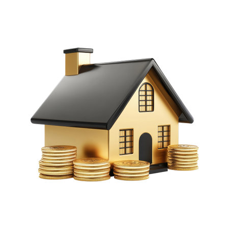 Small, gold-colored house model is positioned on a white background.  Several stacks of gold coins are placed in front of the house. The image is a still life of a financial concept.の素材