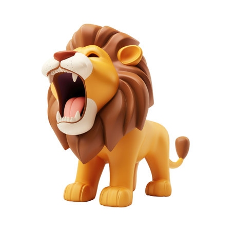 Three-dimensional, cartoon depiction of a lion, rendered in vibrant colors of orange and brown, with its mouth open in an expressive roar.  The lion is designed in a child-friendly style and is set against a plain white background.の素材
