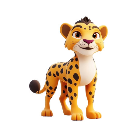 Cheerful cartoon cheetah character, designed with a playful expression and standing on all four legs, is depicted against a plain white background. The cheetah's body is a light orange color with dark spots, and it is rendered in a 3D style.の素材