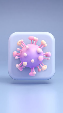 A 3D rendered illustration of a coronavirus icon on a blue background, perfect for medical or scientific use.の素材