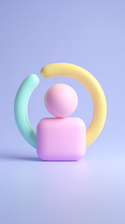 A vibrant 3D render featuring a person-shaped figure within a colorful circular design, set against a soft background.の素材