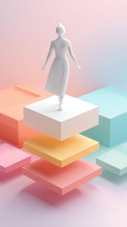 A minimalist 3D art piece featuring a woman figure standing on floating colorful cubes.の素材