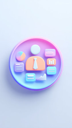 A colorful 3D illustration of a person with various icons representing different aspects.の素材