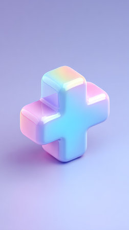 A vibrant 3D cross symbol rendered in iridescent colors against a soft purple backdrop.の素材