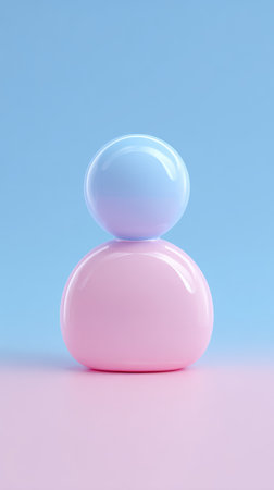 A minimalist 3D rendering featuring two spheres, one atop the other, against a soft pastel backdrop. The spheres have a glossy finish.の素材