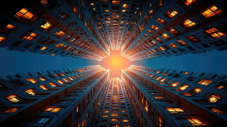 A striking visual of a citys architecture, with a central light source illuminating the scene, creating a dramatic and modern aesthetic.の素材