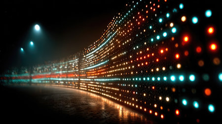 An abstract digital artwork featuring a display of colorful lights in a dark environment, creating a visually striking and dynamic composition.の素材