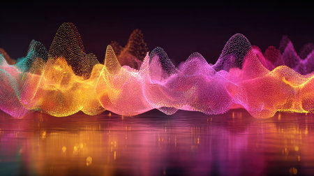 An abstract image of colorful sound waves reflecting on a surface, creating a vibrant and dynamic visual.の素材