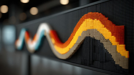 A close-up of a digital display with colorful lines representing financial data.の素材