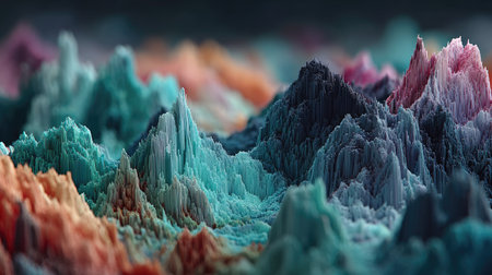 A vibrant and detailed abstract landscape featuring colorful, textured mountains and valleys, creating a visually stunning and dynamic composition.の素材