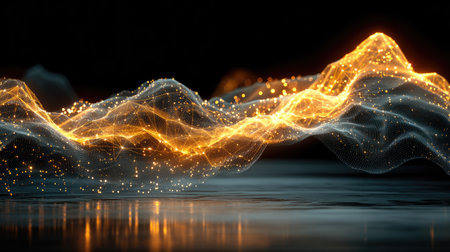 An abstract digital wave of energy with glowing particles, reflecting on a surface.の素材