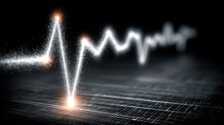 A digital illustration of a glowing heartbeat on a dark background, representing health and technology.の素材