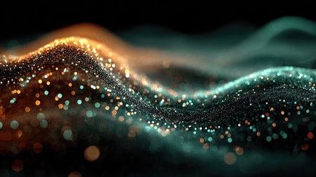 An abstract digital art piece featuring particles in a wave-like motion with vibrant colors.の素材