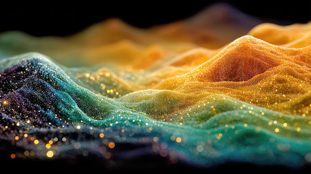 An abstract digital artwork featuring vibrant waves of color with sparkling particles, creating a dynamic and visually appealing composition.の素材