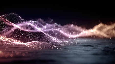 An abstract digital wave with colorful particles and a dark background, creating a visually stunning and dynamic effect.の素材