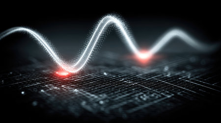 An abstract image of a glowing wave of light over a circuit board, representing digital technology and data.の素材