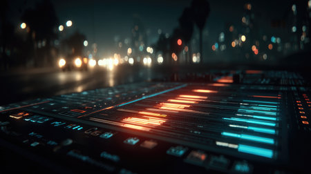 Close-up of a digital audio mixing console with illuminated controls, set against a blurred background of city lights.の素材