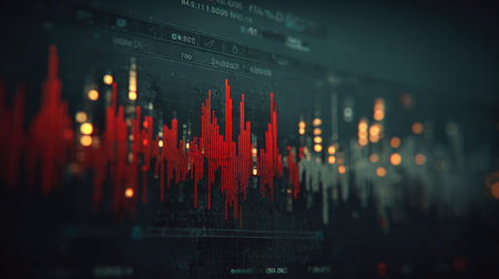 An abstract image of red light waves in a dark environment, possibly representing sound or data.の素材