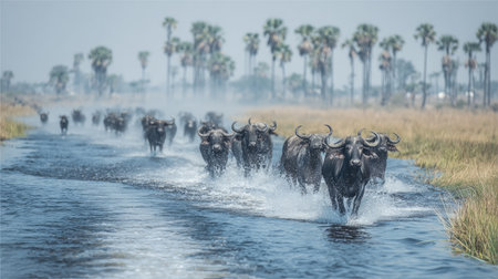 A herd of African buffaloes wading through a river, creating a splash, in a natural environment.の素材