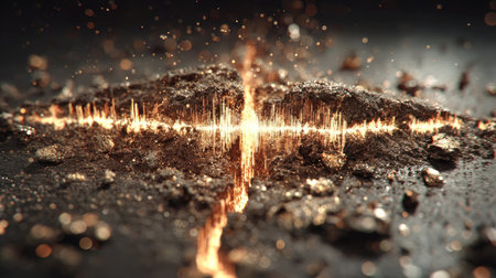 An artistic depiction of energy and sound waves radiating from the earths surface, symbolizing powerful forces.の素材