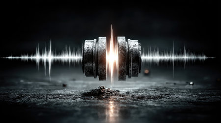 An abstract image of a sound wave with a central focus and a dark background.の素材